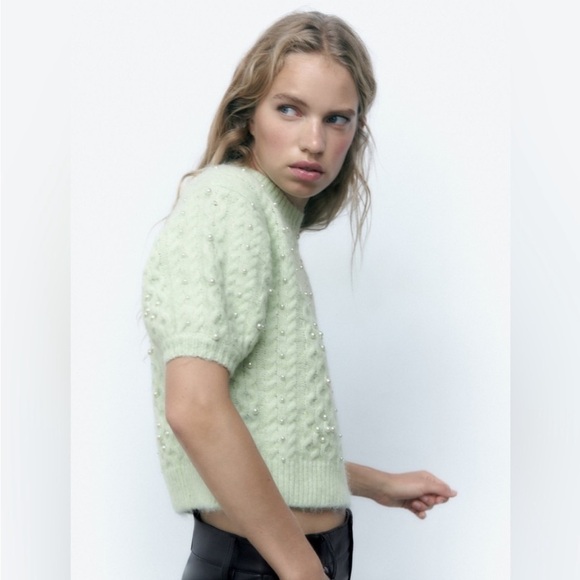 NWOT Zara Wool & Alpaca Blend Light Green Knit Sweater with Pearls - Picture 7 of 9